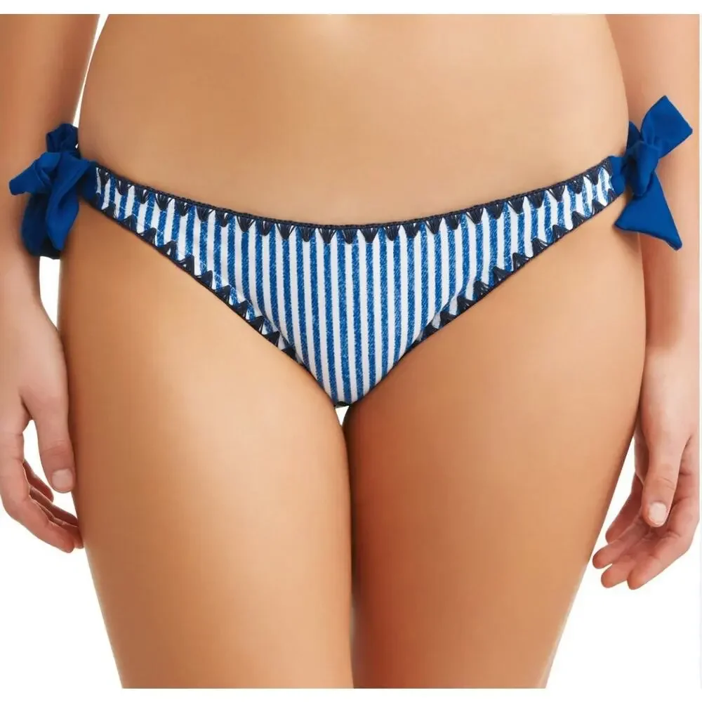 No Boundaries Denim Stripe Bikini Set Blanket Stitch in Blue Small Medium